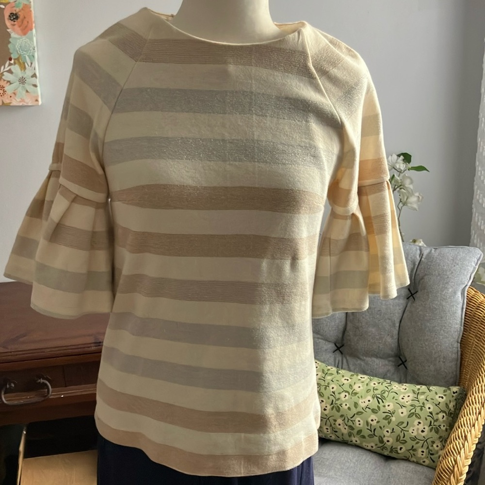 MAEVE Anthropologie metallic striped bell sleeve holiday bling top Small/XS EUC